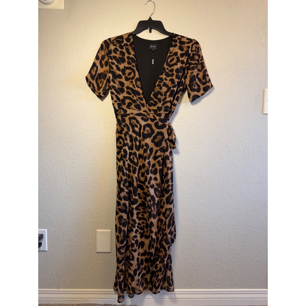 Bardot Leopard Print Wrap Dress Brown Black Animal Midi V-Neck Size 8 M